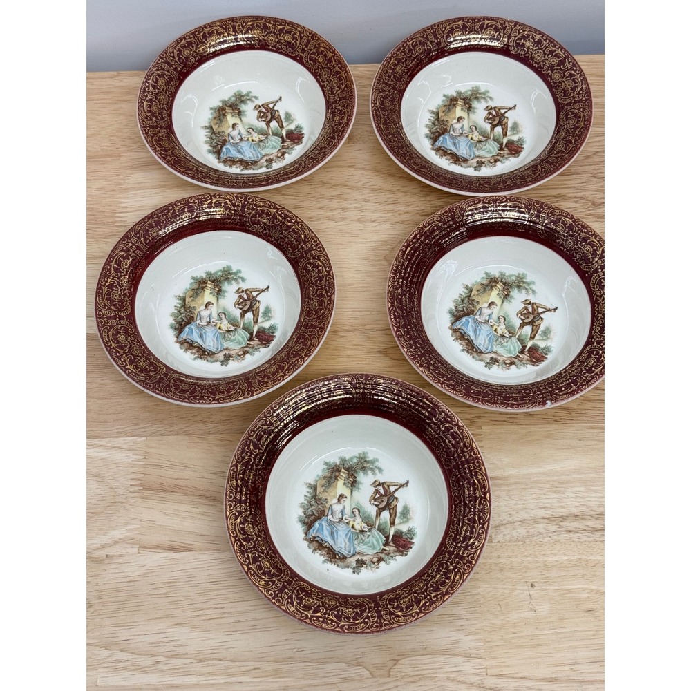 Sebring Pottery USA Courting Couple Burgundy Gold Filigree 6 In‎ Bowls Set/5 #68